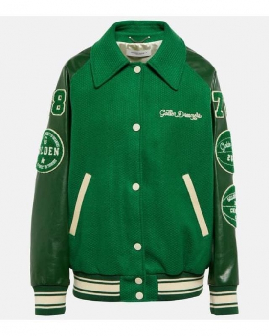 Women's Green Virgin Wool And Leather Varsity Jacket