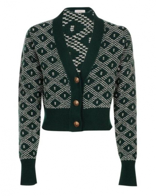 Women's Green Jacquard Cropped Cardigan