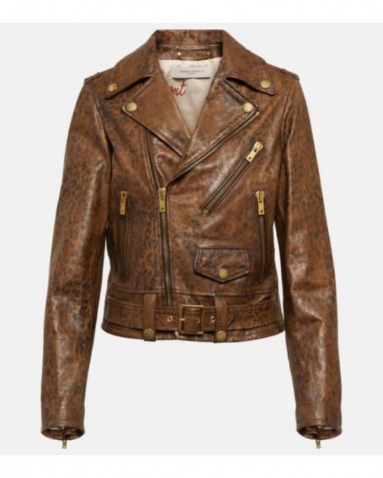 Women's Brown Leopard-print Leather Biker Jacket