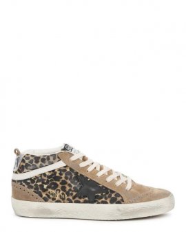 Women's White Mid Star Leopard-print Distressed Suede Sneakers