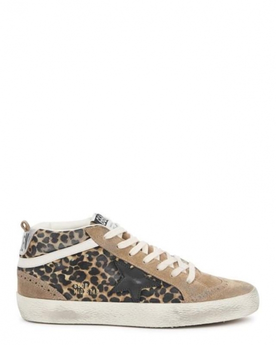 Women's White Mid Star Leopard-print Distressed Suede Sneakers